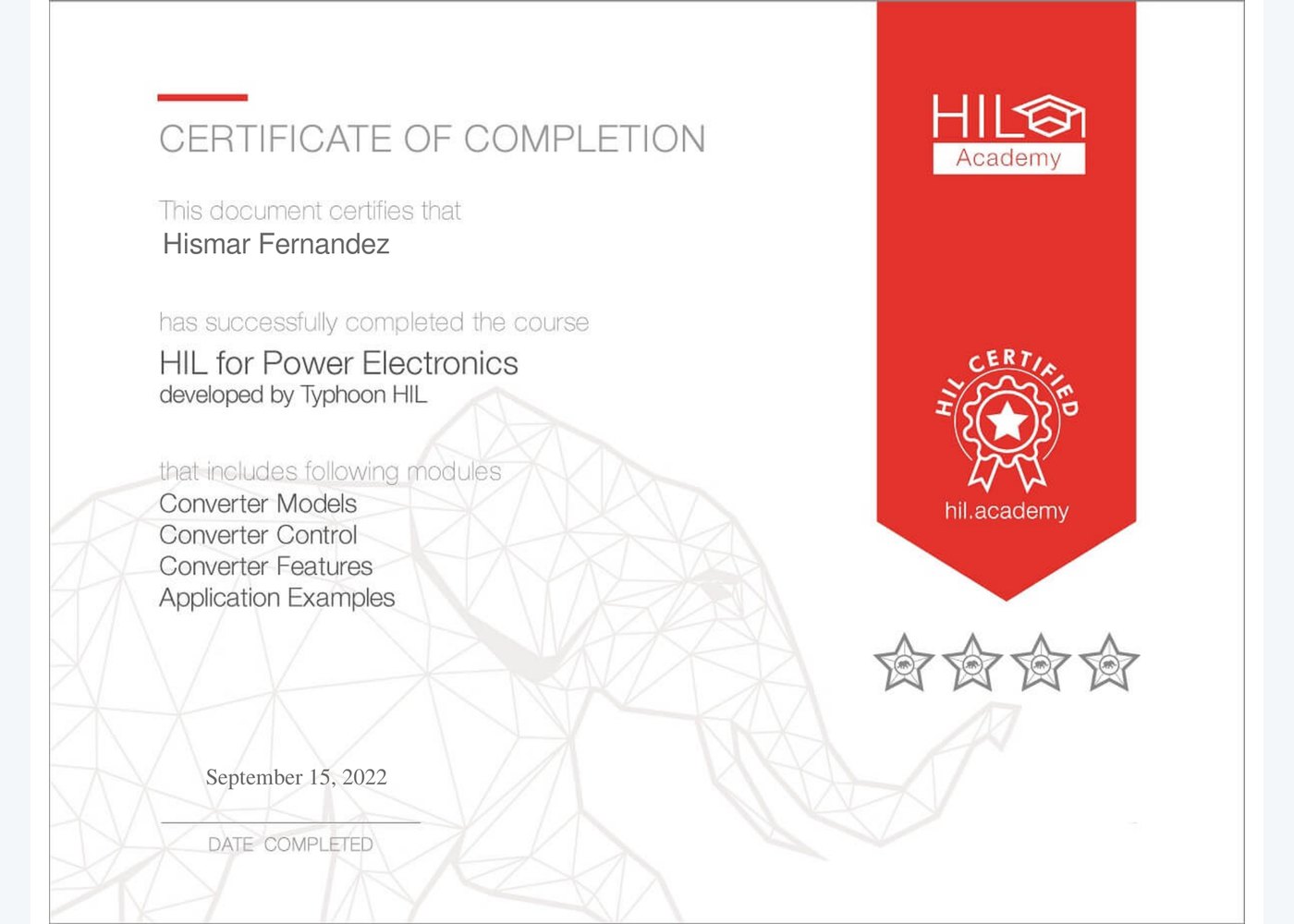 HIL for Power Electronics certificate preview