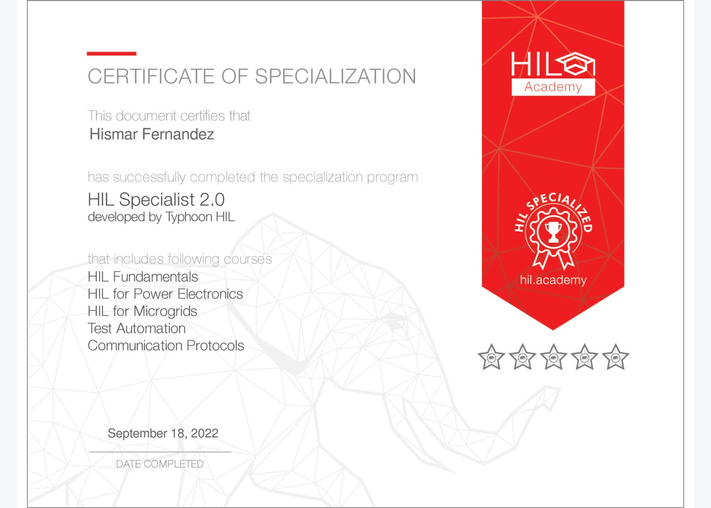 HIL Specialist 2.0 Certification certificate preview