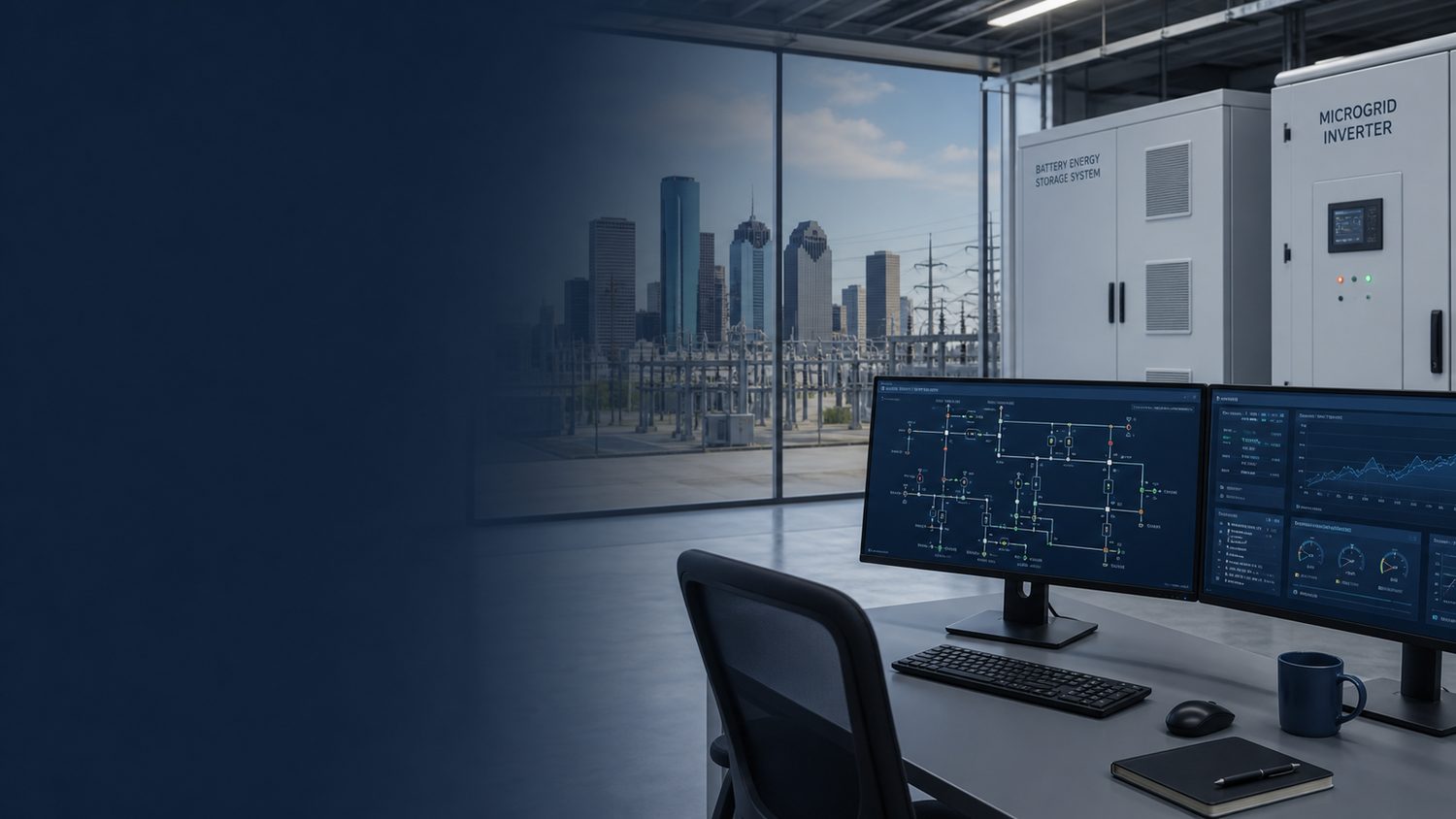 Power systems control room with BESS and microgrid equipment